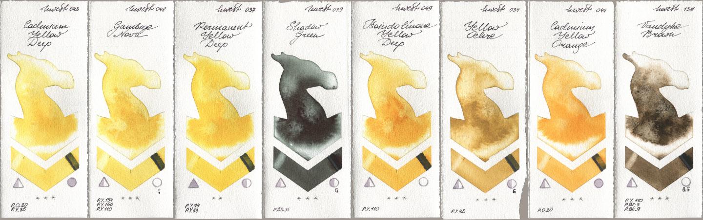 Holbein Artists Watercolor 043 Cadmium Yellow Deep, 048 Gamboge Nova, 037 Permanent Yellow Deep, 079 Shadow Green, 049 Isoindolinone Yellow Deep, 034 Yellow Ochre, 044 Cadmium Yellow Orange, 139 Vandyke Bro watercolor swatch