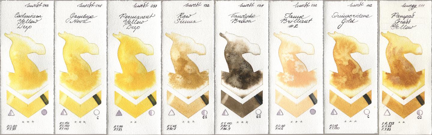 Holbein Artists Watercolor 043 Cadmium Yellow Deep, 048 Gamboge Nova, 037 Permanent Yellow Deep, 132 Raw Sienna, 139 Vandyke Brown, 032 Jaune Brillant No 2, 142 Quinacridone Gold, 511 Pampas Grass Yell watercolor swatch