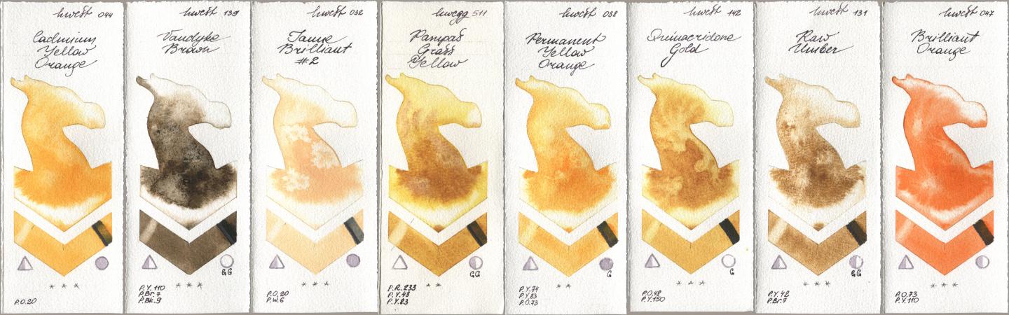 Holbein Artists Watercolor 044 Cadmium Yellow Orange, 139 Vandyke Brown, 032 Jaune Brillant No 2, 511 Pampas Grass Yellow, 038 Permanent Yellow Orange, 142 Quinacridone Gold, 131 Raw Umber, 047 Brilliant Oran watercolor swatch