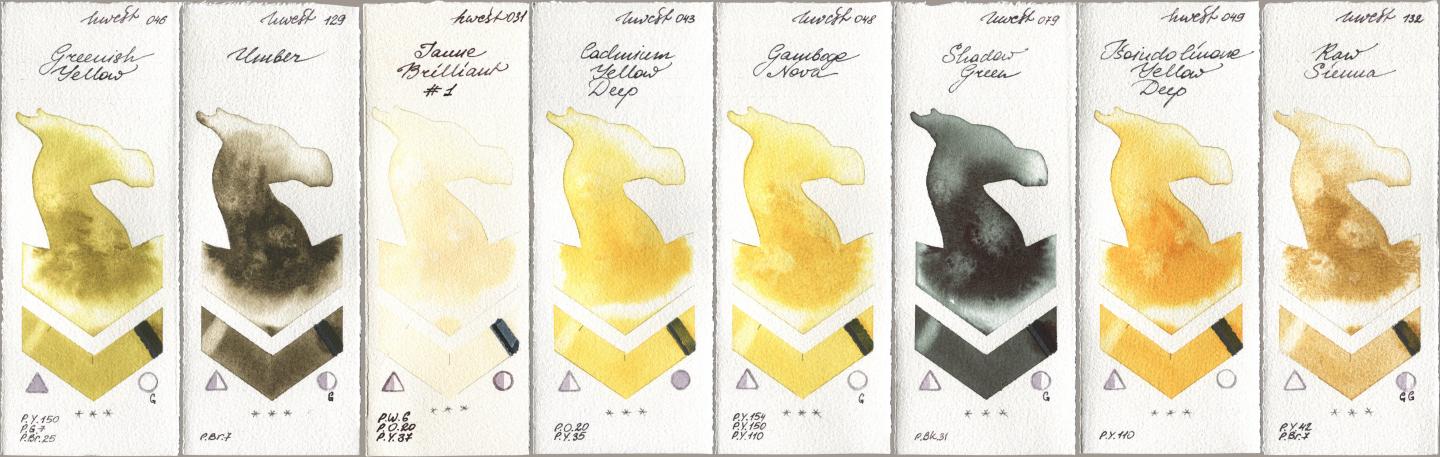 Holbein Artists Watercolor 046 Greenish Yellow, 129 Umber, 031 Jaune Brilliant No 1, 043 Cadmium Yellow Deep, 048 Gamboge Nova, 079 Shadow Green, 049 Isoindolinone Yellow Deep, 132 Raw Sien watercolor swatch