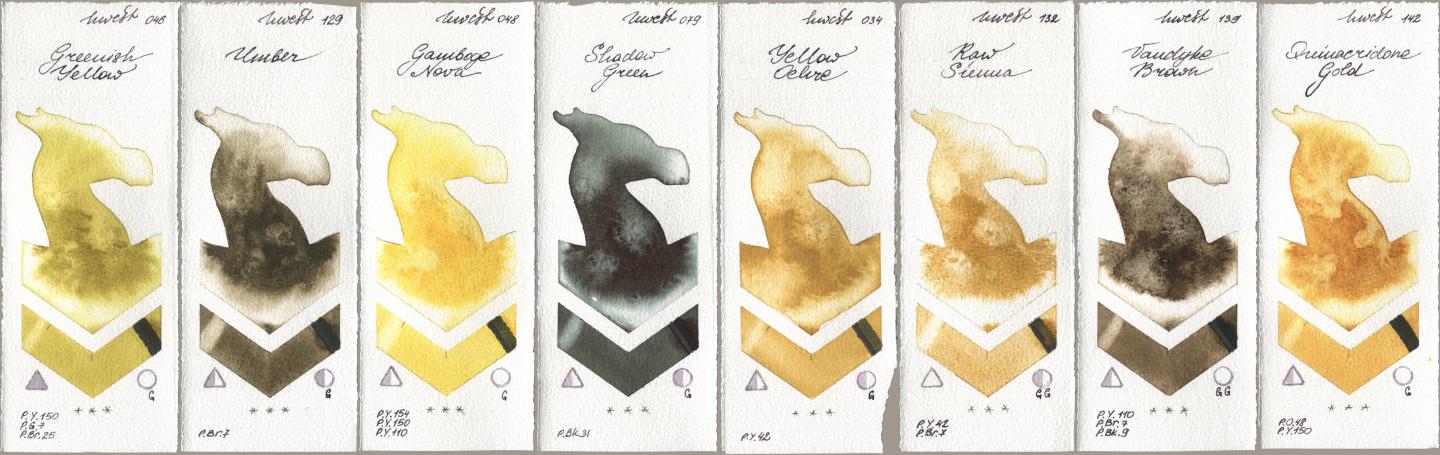 Holbein Artists Watercolor 046 Greenish Yellow, 129 Umber, 048 Gamboge Nova, 079 Shadow Green, 034 Yellow Ochre, 132 Raw Sienna, 139 Vandyke Brown, 142 Quinacridone Go watercolor swatch