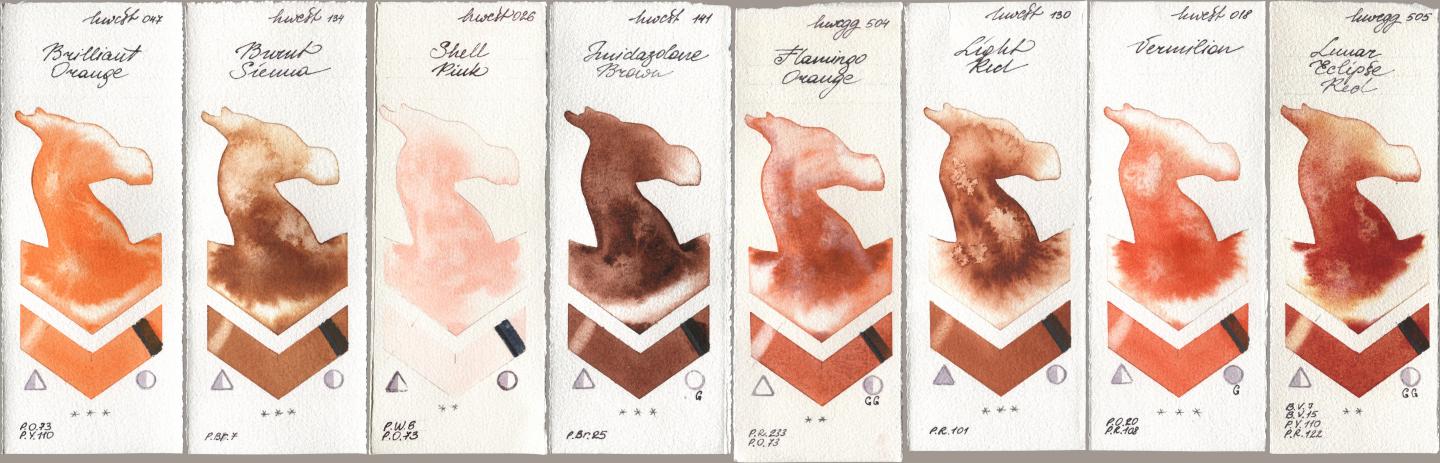 Holbein Artists Watercolor 047 Brilliant Orange, 134 Burnt Sienna, 026 Shell Pink, 141 Imidazolone Brown, 504 Flamingo Orange, 130 Light Red, 018 Vermilion, 505 Lunar Eclipse R watercolor swatch