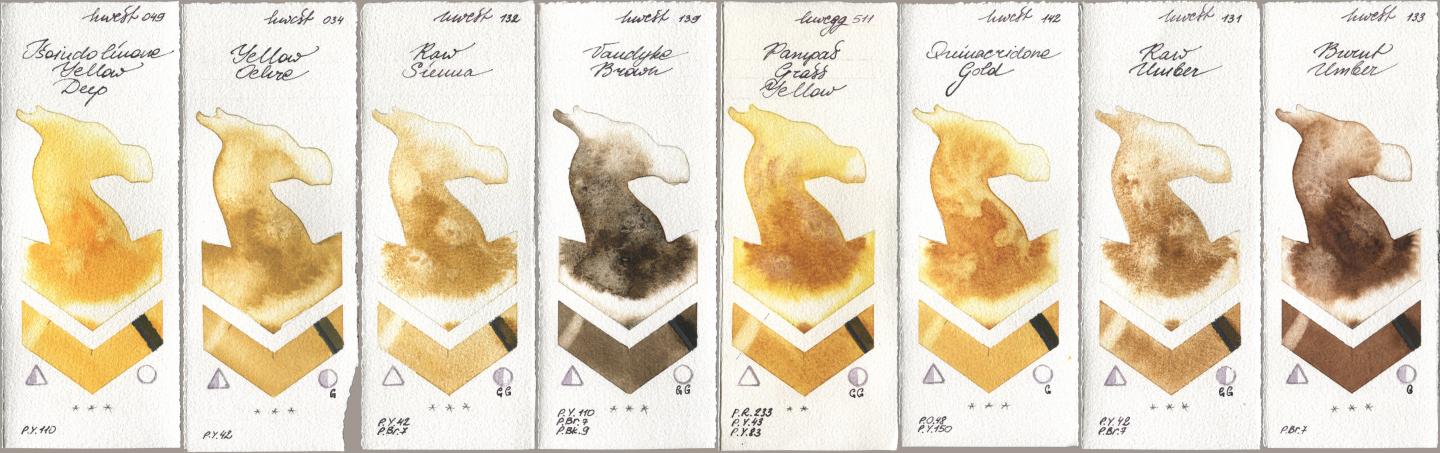 Holbein Artists Watercolor 049 Isoindolinone Yellow Deep, 034 Yellow Ochre, 132 Raw Sienna, 139 Vandyke Brown, 511 Pampas Grass Yellow, 142 Quinacridone Gold, 131 Raw Umber, 133 Burnt Umb watercolor swatch