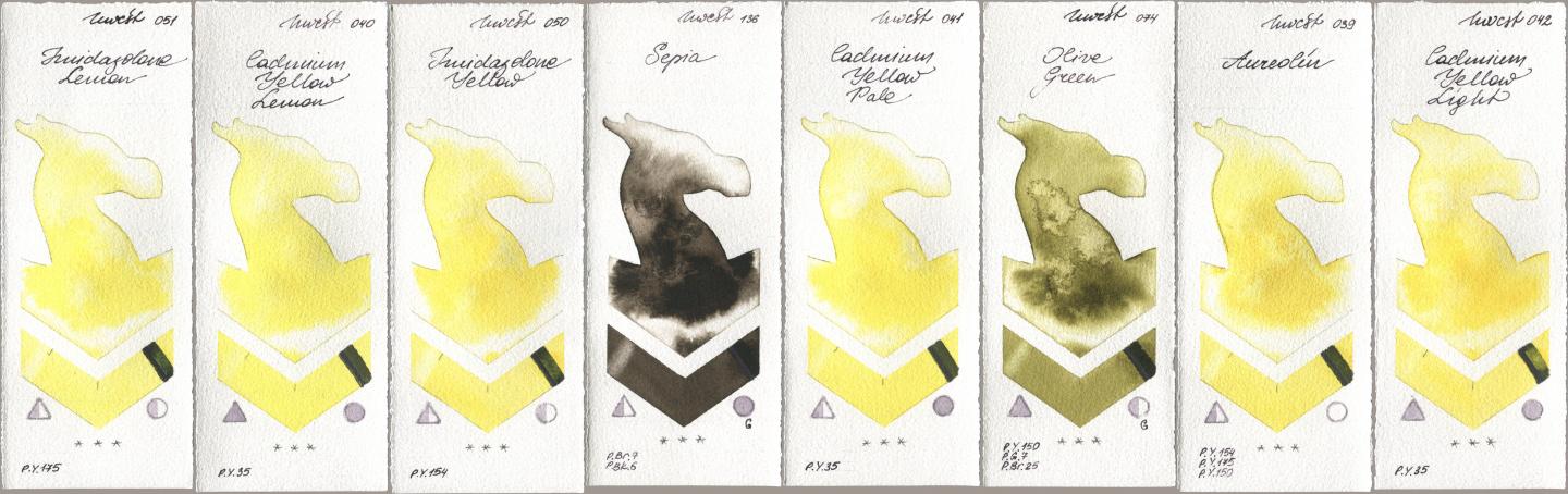 Holbein Artists Watercolor 051 Imidazolone Lemon, 040 Cadmium Yellow Lemon, 050 Imidazolone Yellow, 136 Sepia, 041 Cadmium Yellow Pale, 074 Olive Green, 039 Aureolin, 042 Cadmium Yellow Lig watercolor swatch