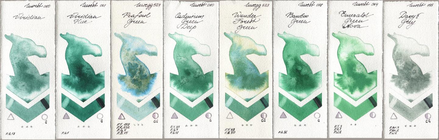 Holbein Artists Watercolor 060 Viridian, 061 Virdian Hue, 524 Peafowl Green, 070 Cadmium Green Deep, 523 Wonder Forest Green, 078 Bamboo Green, 064 Emerald Green Nova, 155 Davys Gr watercolor swatch