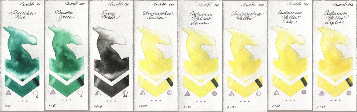 Holbein Artists Watercolor 061 Virdian Hue, 078 Bamboo Green, 138 Ivory Black, 051 Imidazolone Lemon, 040 Cadmium Yellow Lemon, 050 Imidazolone Yellow, 041 Cadmium Yellow Pale, 042 Cadmium Yellow Lig watercolor swatch