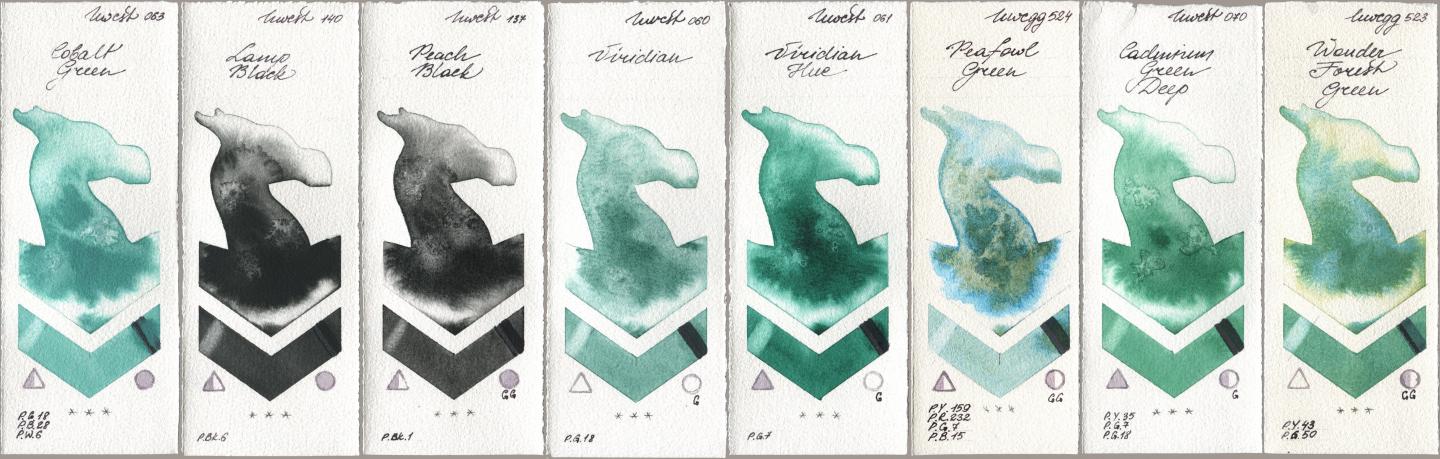 Holbein Artists Watercolor 063 Cobalt Green, 140 Lamp Black, 137 Peach Black, 060 Viridian, 061 Virdian Hue, 524 Peafowl Green, 070 Cadmium Green Deep, 523 Wonder Forest Gre watercolor swatch