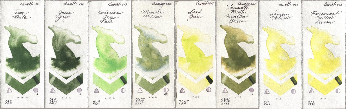 Holbein Artists Watercolor 065 Terre Verte, 152 Green Grey, 069 Cadmium Green Pale, 522 Mimosa Yellow, 077 Leaf Green, 521 Japanese Bush Warbler Green, 033 Lemon Yellow, 035 Permanent Yellow Lem watercolor swatch