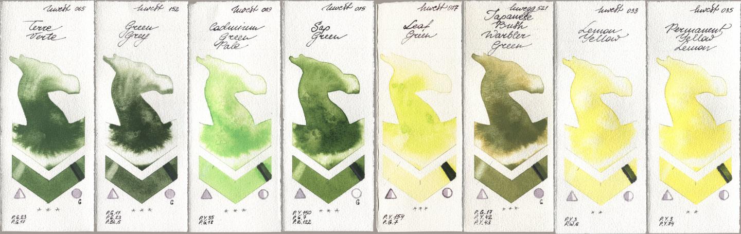 Holbein Artists Watercolor 065 Terre Verte, 152 Green Grey, 069 Cadmium Green Pale, 075 Sap Green, 077 Leaf Green, 521 Japanese Bush Warbler Green, 033 Lemon Yellow, 035 Permanent Yellow Lem watercolor swatch