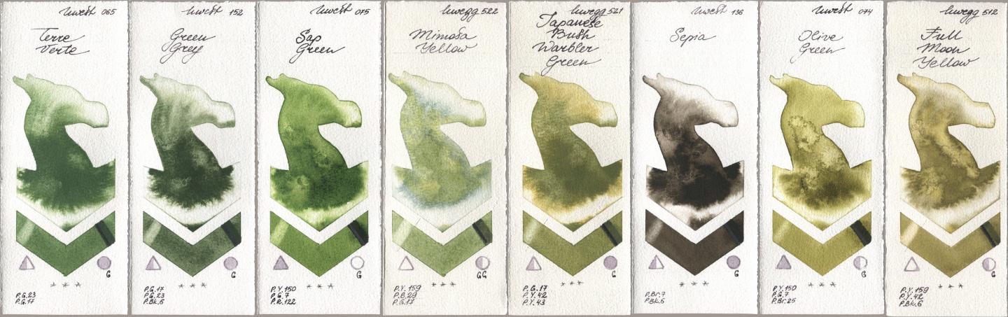 Holbein Artists Watercolor 065 Terre Verte, 152 Green Grey, 075 Sap Green, 522 Mimosa Yellow, 521 Japanese Bush Warbler Green, 136 Sepia, 074 Olive Green, 512 Full Moon Yell watercolor swatch