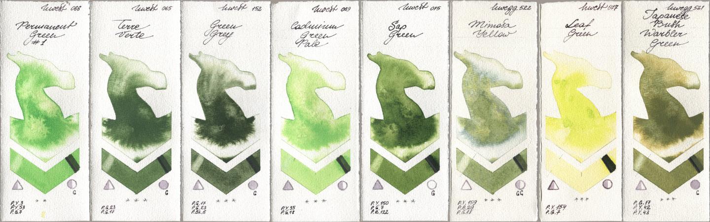 Holbein Artists Watercolor 066 Permanent Green No 1, 065 Terre Verte, 152 Green Grey, 069 Cadmium Green Pale, 075 Sap Green, 522 Mimosa Yellow, 077 Leaf Green, 521 Japanese Bush Warbler Gre watercolor swatch