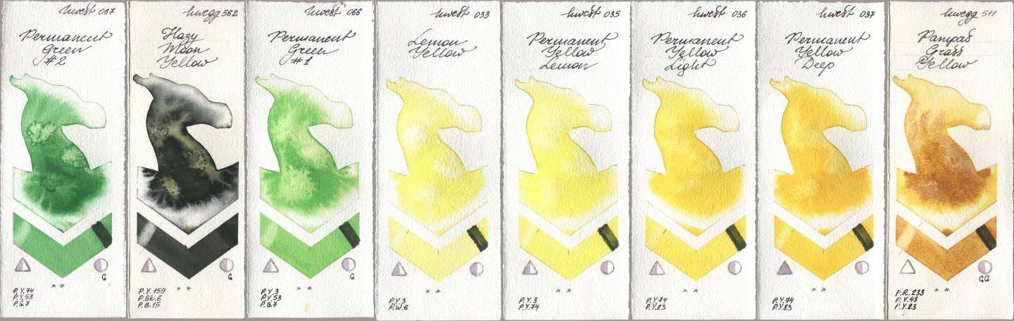Holbein Artists Watercolor 067 Permanent Green No 2, 562 Hazy Moon Yellow, 066 Permanent Green No 1, 033 Lemon Yellow, 035 Permanent Yellow Lemon, 036 Permanent Yellow Light, 037 Permanent Yellow Deep, 511 Pampas Grass Yell watercolor swatch