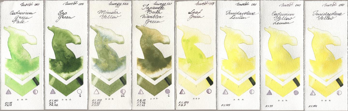 Holbein Artists Watercolor 069 Cadmium Green Pale, 075 Sap Green, 522 Mimosa Yellow, 521 Japanese Bush Warbler Green, 077 Leaf Green, 051 Imidazolone Lemon, 040 Cadmium Yellow Lemon, 050 Imidazolone Yell watercolor swatch