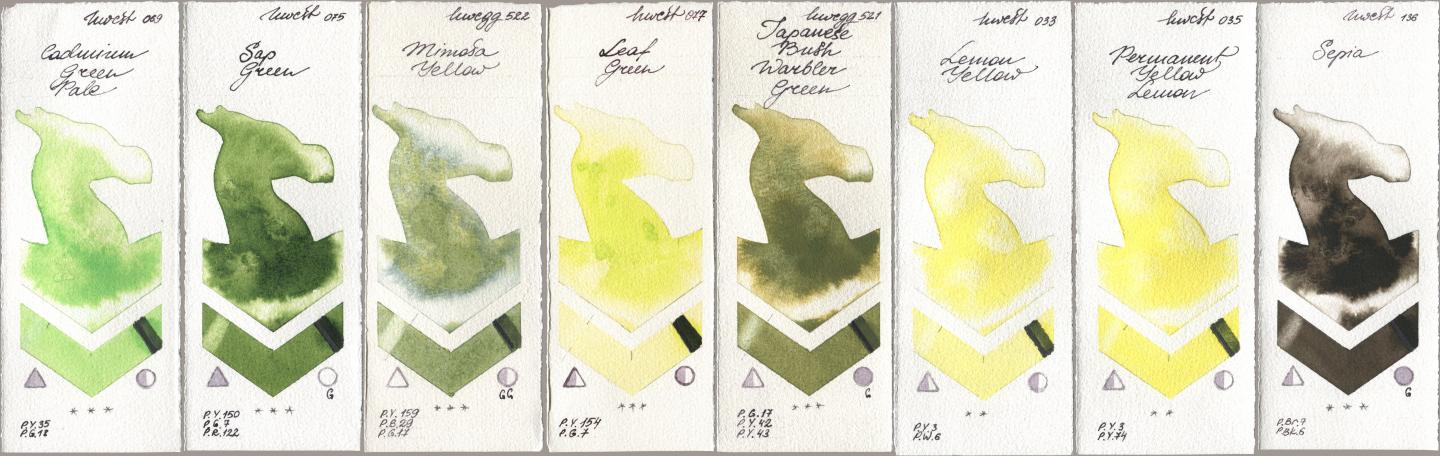 Holbein Artists Watercolor 069 Cadmium Green Pale, 075 Sap Green, 522 Mimosa Yellow, 077 Leaf Green, 521 Japanese Bush Warbler Green, 033 Lemon Yellow, 035 Permanent Yellow Lemon, 136 Sep watercolor swatch