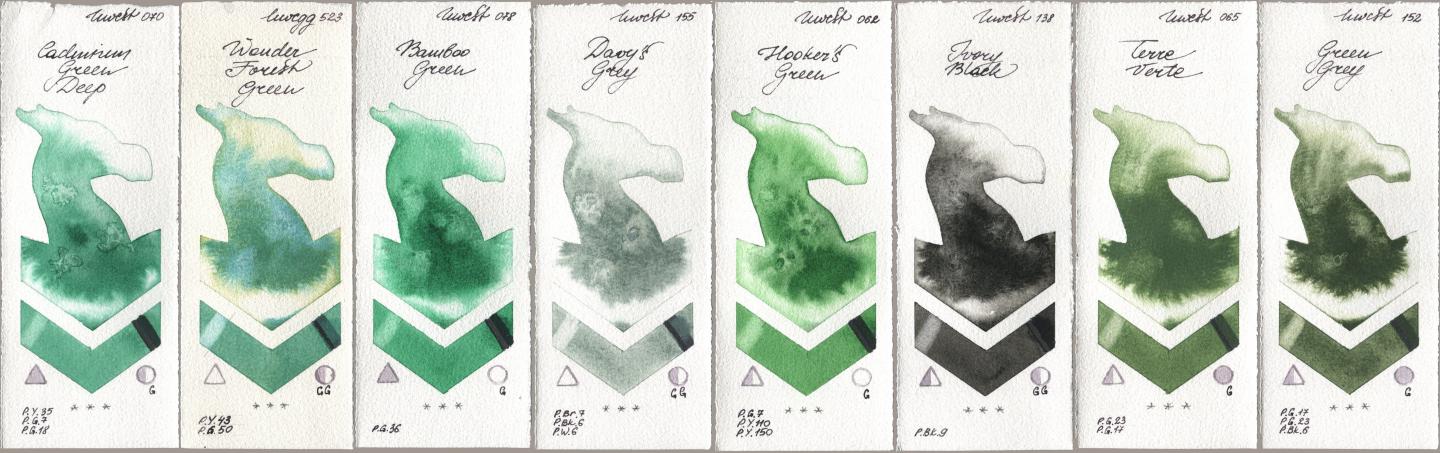 Holbein Artists Watercolor 070 Cadmium Green Deep, 523 Wonder Forest Green, 078 Bamboo Green, 155 Davys Grey, 062 Hookers Green, 138 Ivory Black, 065 Terre Verte, 152 Green Gr watercolor swatch