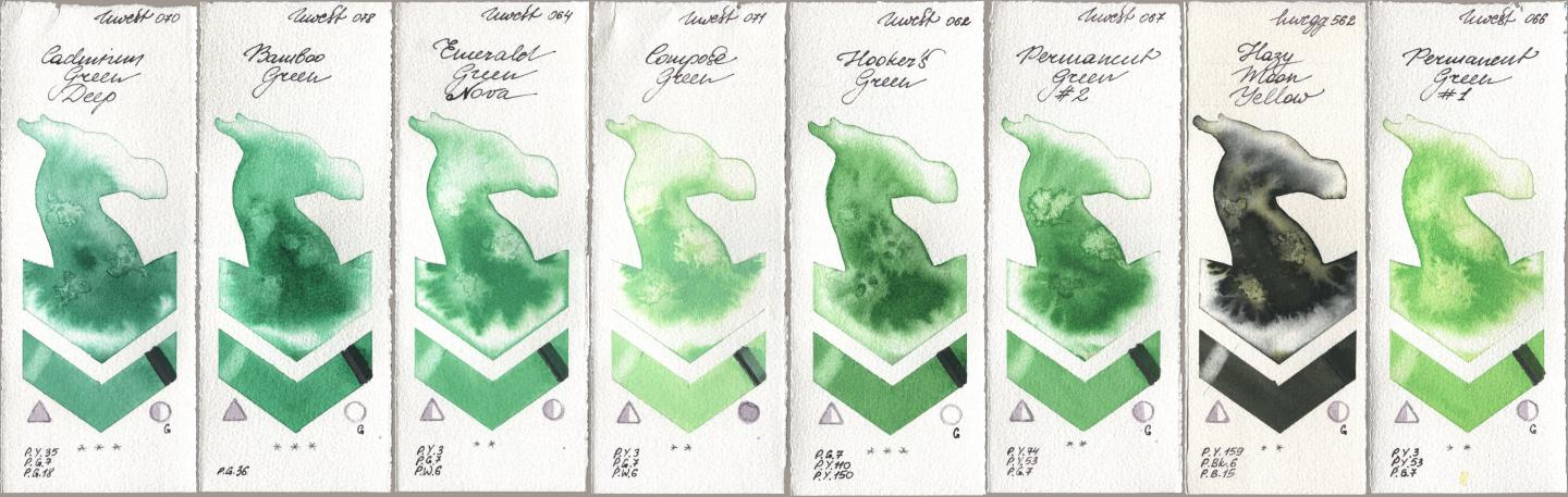 Holbein Artists Watercolor 070 Cadmium Green Deep, 078 Bamboo Green, 064 Emerald Green Nova, 071 Compose Green, 062 Hookers Green, 067 Permanent Green No 2, 562 Hazy Moon Yellow, 066 Permanent Green No watercolor swatch