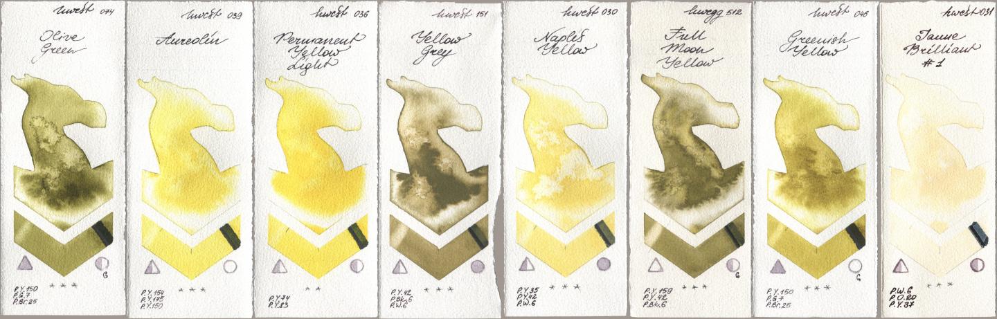 Holbein Artists Watercolor 074 Olive Green, 039 Aureolin, 036 Permanent Yellow Light, 151 Yellow Grey, 030 Naples Yellow, 512 Full Moon Yellow, 046 Greenish Yellow, 031 Jaune Brilliant No watercolor swatch