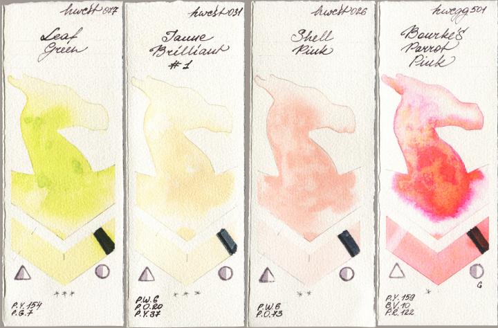 Holbein Artists Watercolor 077 Leaf Green, 031 Jaune Brilliant No 1, 026 Shell Pink, 501 Bourkes Parrot Pi watercolor swatch