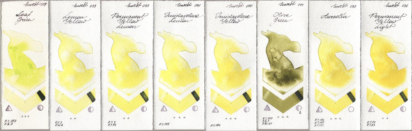 Holbein Artists Watercolor 077 Leaf Green, 033 Lemon Yellow, 035 Permanent Yellow Lemon, 051 Imidazolone Lemon, 050 Imidazolone Yellow, 074 Olive Green, 039 Aureolin, 036 Permanent Yellow Lig watercolor swatch