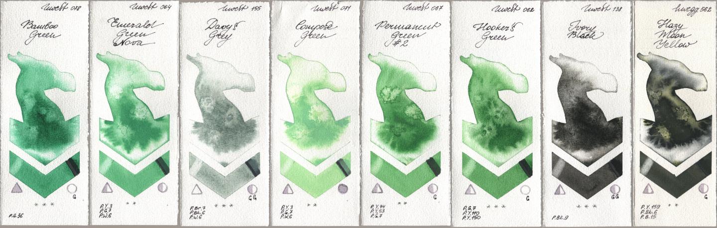 Holbein Artists Watercolor 078 Bamboo Green, 064 Emerald Green Nova, 155 Davys Grey, 071 Compose Green, 067 Permanent Green No 2, 062 Hookers Green, 138 Ivory Black, 562 Hazy Moon Yell watercolor swatch