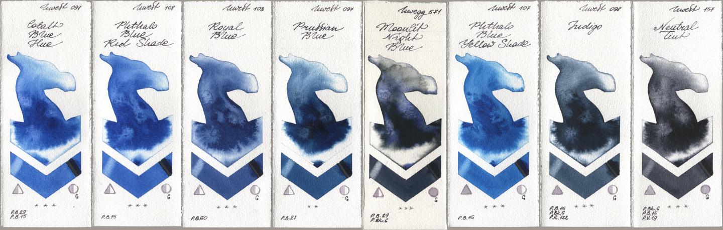 Holbein Artists Watercolor 091 Cobalt Blue Hue, 108 Phthalo Blue Red Shade, 103 Royal Blue, 097 Prussian Blue, 571 Moonlit Night Blue, 107 Phthalo Blue Yellow Shade, 098 Indigo, 157 Neutral Ti watercolor swatch