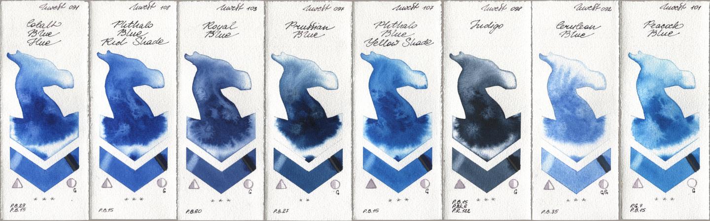 Holbein Artists Watercolor 091 Cobalt Blue Hue, 108 Phthalo Blue Red Shade, 103 Royal Blue, 097 Prussian Blue, 107 Phthalo Blue Yellow Shade, 098 Indigo, 092 Cerulean Blue, 101 Peacock Bl watercolor swatch