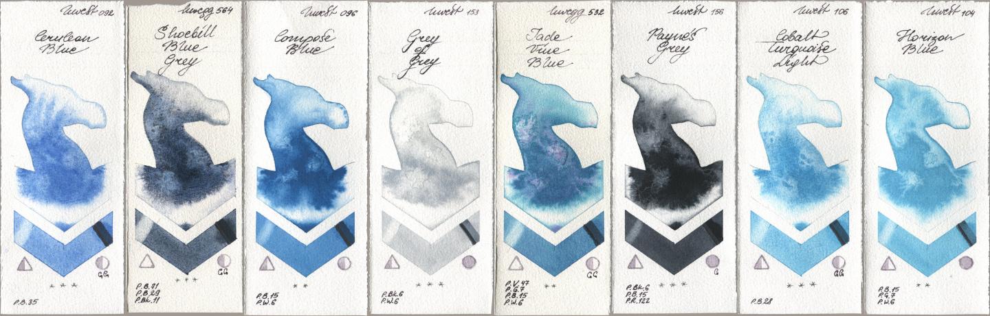 Holbein Artists Watercolor 092 Cerulean Blue, 564 Shoebill Blue Grey, 096 Compose Blue, 153 Grey of Grey, 532 Jade Vine Blue, 156 Paynes Grey, 106 Cobalt Turquoise Light, 104 Horizon Bl watercolor swatch