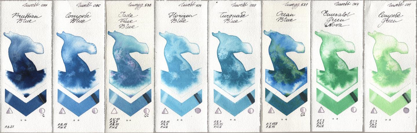 Holbein Artists Watercolor 097 Prussian Blue, 096 Compose Blue, 532 Jade Vine Blue, 104 Horizon Blue, 099 Turquoise Blue, 531 Ocean Blue, 064 Emerald Green Nova, 071 Compose Gre watercolor swatch