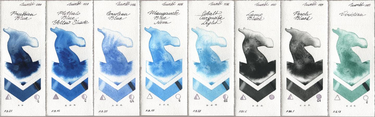 Holbein Artists Watercolor 097 Prussian Blue, 107 Phthalo Blue Yellow Shade, 092 Cerulean Blue, 105 Manganese Blue Nova, 106 Cobalt Turquoise Light, 140 Lamp Black, 137 Peach Black, 060 Viridi watercolor swatch