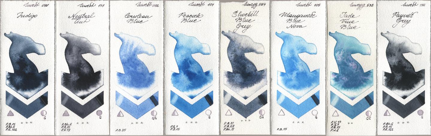 Holbein Artists Watercolor 098 Indigo, 157 Neutral Tint, 092 Cerulean Blue, 101 Peacock Blue, 564 Shoebill Blue Grey, 105 Manganese Blue Nova, 532 Jade Vine Blue, 156 Paynes Gr watercolor swatch