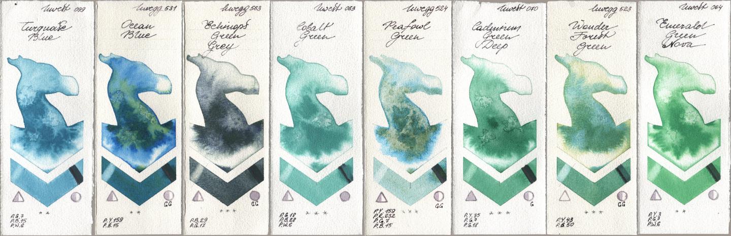 Holbein Artists Watercolor 099 Turquoise Blue, 531 Ocean Blue, 563 Echinops Green Grey, 063 Cobalt Green, 524 Peafowl Green, 070 Cadmium Green Deep, 523 Wonder Forest Green, 064 Emerald Green No watercolor swatch