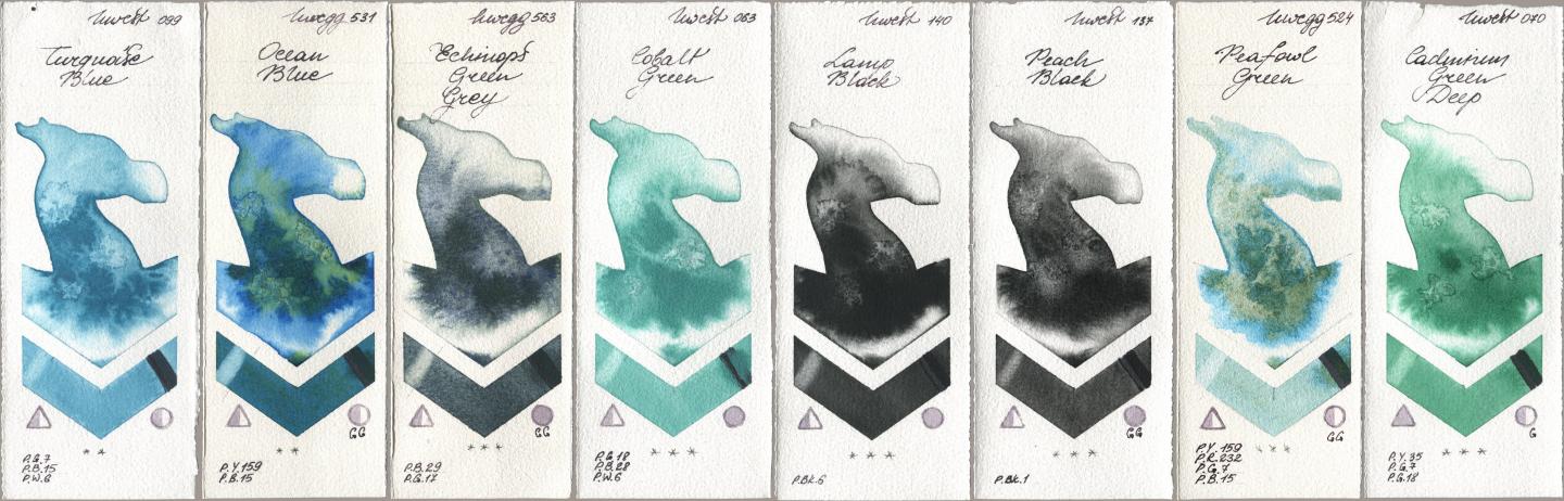 Holbein Artists Watercolor 099 Turquoise Blue, 531 Ocean Blue, 563 Echinops Green Grey, 063 Cobalt Green, 140 Lamp Black, 137 Peach Black, 524 Peafowl Green, 070 Cadmium Green De watercolor swatch