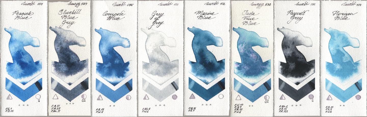 Holbein Artists Watercolor 101 Peacock Blue, 564 Shoebill Blue Grey, 096 Compose Blue, 153 Grey of Grey, 102 Marine Blue, 532 Jade Vine Blue, 156 Paynes Grey, 104 Horizon Bl watercolor swatch