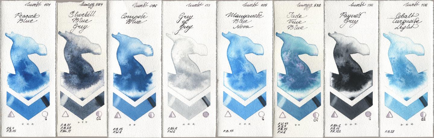 Holbein Artists Watercolor 101 Peacock Blue, 564 Shoebill Blue Grey, 096 Compose Blue, 153 Grey of Grey, 105 Manganese Blue Nova, 532 Jade Vine Blue, 156 Paynes Grey, 106 Cobalt Turquoise Lig watercolor swatch
