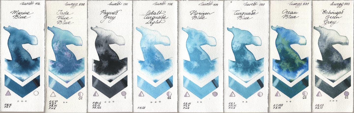 Holbein Artists Watercolor 102 Marine Blue, 532 Jade Vine Blue, 156 Paynes Grey, 106 Cobalt Turquoise Light, 104 Horizon Blue, 099 Turquoise Blue, 531 Ocean Blue, 563 Echinops Green Gr watercolor swatch