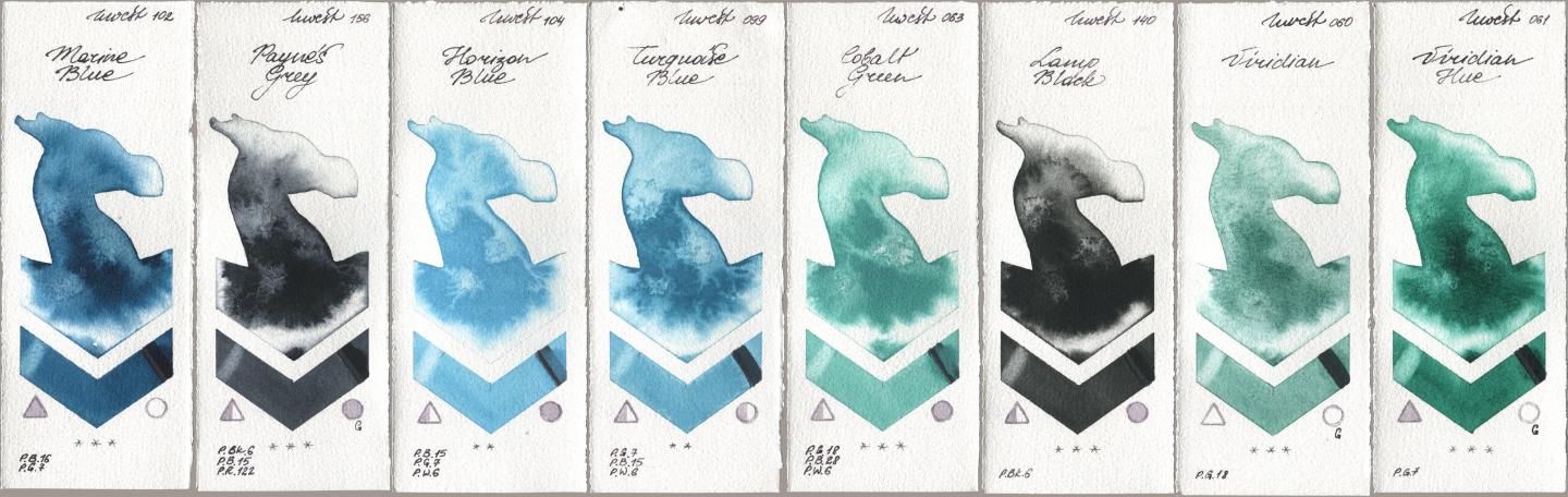 Holbein Artists Watercolor 102 Marine Blue, 156 Paynes Grey, 104 Horizon Blue, 099 Turquoise Blue, 063 Cobalt Green, 140 Lamp Black, 060 Viridian, 061 Virdian H watercolor swatch