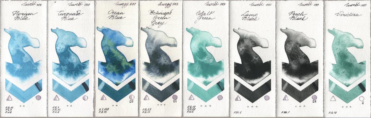 Holbein Artists Watercolor 104 Horizon Blue, 099 Turquoise Blue, 531 Ocean Blue, 563 Echinops Green Grey, 063 Cobalt Green, 140 Lamp Black, 137 Peach Black, 060 Viridi watercolor swatch