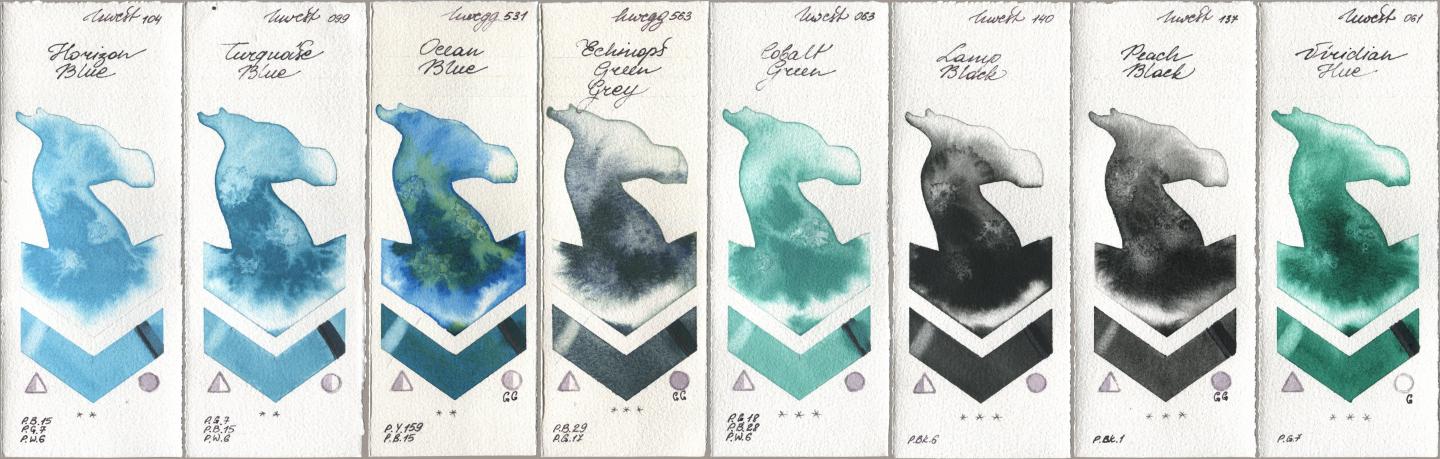 Holbein Artists Watercolor 104 Horizon Blue, 099 Turquoise Blue, 531 Ocean Blue, 563 Echinops Green Grey, 063 Cobalt Green, 140 Lamp Black, 137 Peach Black, 061 Virdian H watercolor swatch