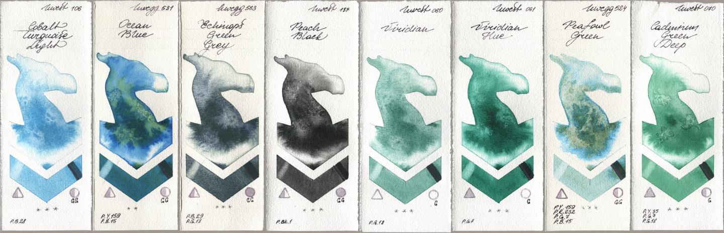Holbein Artists Watercolor 106 Cobalt Turquoise Light, 531 Ocean Blue, 563 Echinops Green Grey, 137 Peach Black, 060 Viridian, 061 Virdian Hue, 524 Peafowl Green, 070 Cadmium Green De watercolor swatch