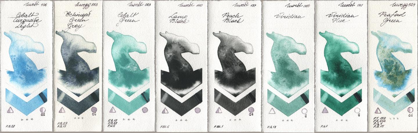 Holbein Artists Watercolor 106 Cobalt Turquoise Light, 563 Echinops Green Grey, 063 Cobalt Green, 140 Lamp Black, 137 Peach Black, 060 Viridian, 061 Virdian Hue, 524 Peafowl Gre watercolor swatch