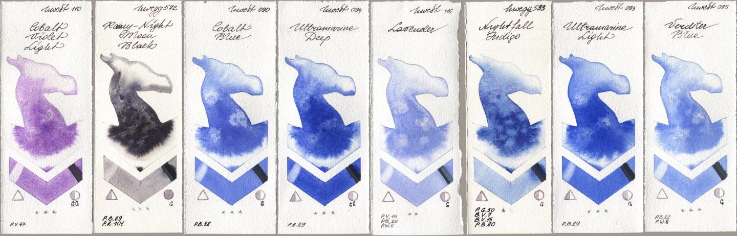Holbein Artists Watercolor 110 Cobalt Violet Light, 572 Rainy-Night Moon Back, 090 Cobalt Blue, 094 Ultramarine Deep, 116 Lavender, 533 Nightfall Indigo, 093 Ultramarine Light, 095 Verditer Bl watercolor swatch