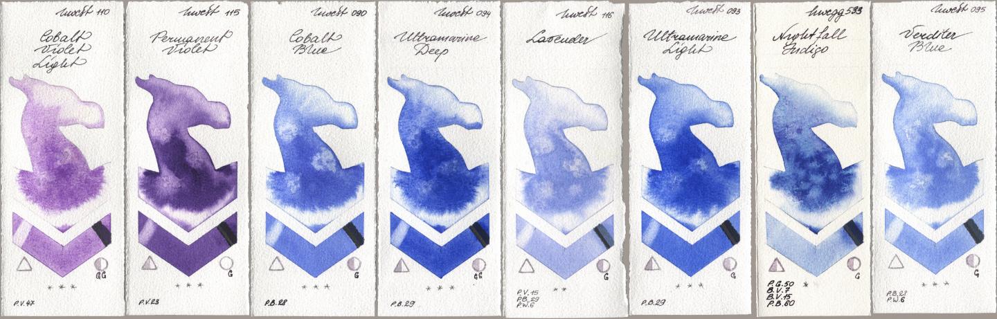 Holbein Artists Watercolor 110 Cobalt Violet Light, 115 Permanent Violet, 090 Cobalt Blue, 094 Ultramarine Deep, 116 Lavender, 093 Ultramarine Light, 533 Nightfall Indigo, 095 Verditer Bl watercolor swatch