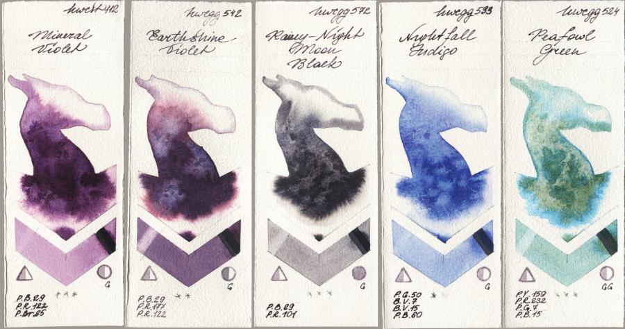 Holbein Artists Watercolor 112 Mineral Violet, 542 Earthshine Violet, 572 Rainy-Night Moon Back, 533 Nightfall Indigo, 524 Peafowl Gre watercolor swatch