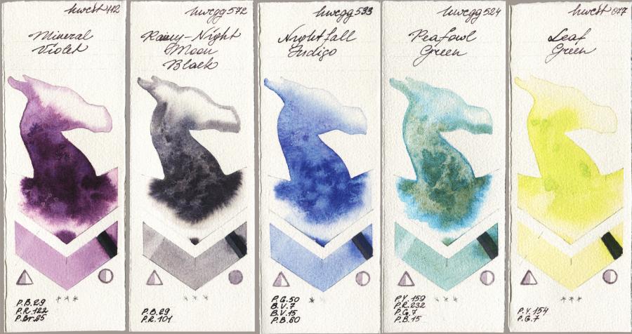 Holbein Artists Watercolor 112 Mineral Violet vs 572 Rainy-Night Moon Back vs 533 Nightfall Indigo vs 524 Peafowl Green vs 077 Leaf Green watercolor swatch