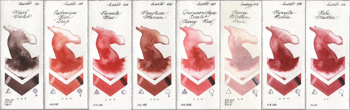 Holbein Artists Watercolor 113 Mars Violet, 015 Cadmium Red Deep, 007 Pyrrole Red, 008 Perylene Maroon, 027 Quinacridone Scarlet (Cherry Red), 503 Cherry Blossom Pink, 006 Pyrrole Rubin, 012 Rose Madd watercolor swatch