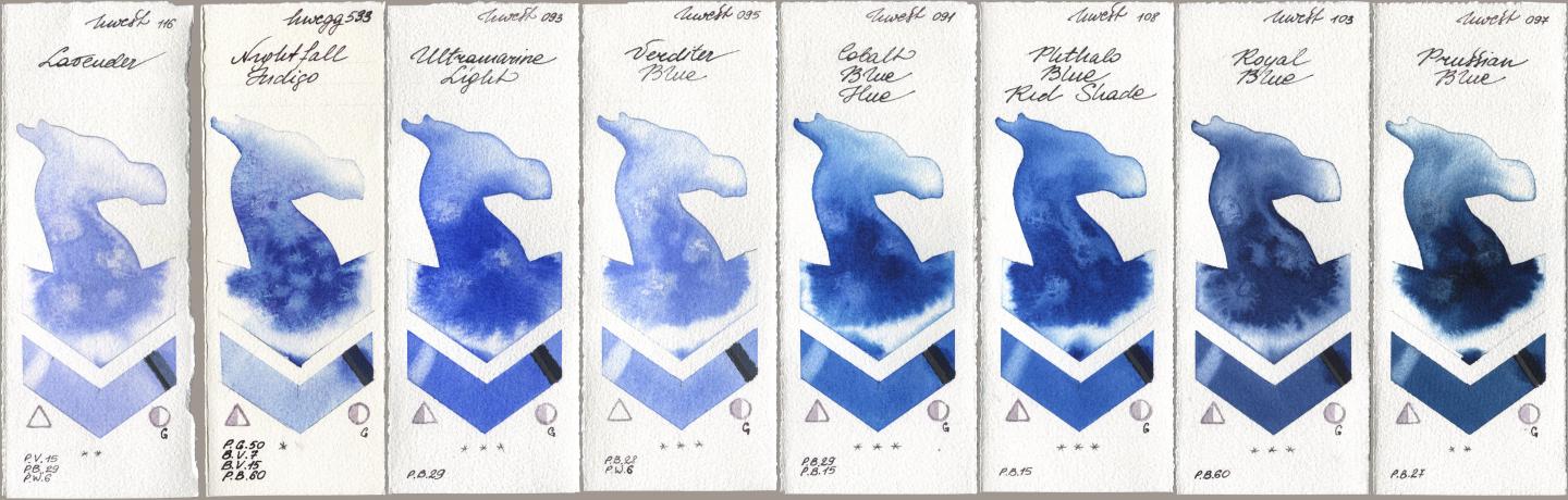 Holbein Artists Watercolor 116 Lavender, 533 Nightfall Indigo, 093 Ultramarine Light, 095 Verditer Blue, 091 Cobalt Blue Hue, 108 Phthalo Blue Red Shade, 103 Royal Blue, 097 Prussian Bl watercolor swatch