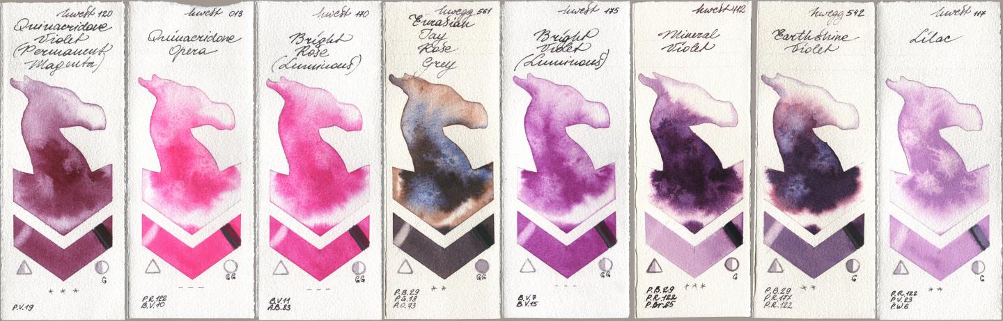 Holbein Artists Watercolor 120 Quinacridone Violet (Permanent Magenta), 013 Opera (Quinacridone Opera), 170 Bright Rose (Luminous), 561 Eurasian Jay Rose Grey, 175 Bright Violet (Luminous), 112 Mineral Violet, 542 Earthshine Violet, 117 Lil watercolor swatch