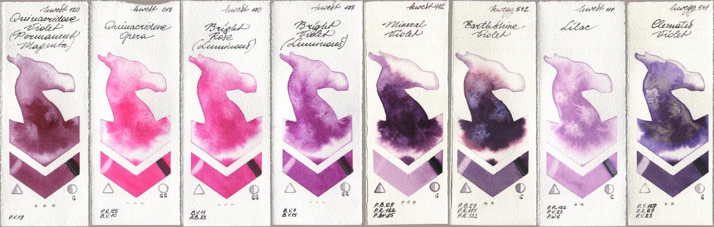 Holbein Artists Watercolor 120 Quinacridone Violet (Permanent Magenta), 013 Opera (Quinacridone Opera), 170 Bright Rose (Luminous), 175 Bright Violet (Luminous), 112 Mineral Violet, 542 Earthshine Violet, 117 Lilac, 541 Clematis Viol watercolor swatch