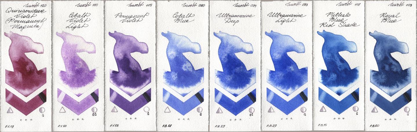 Holbein Artists Watercolor 120 Quinacridone Violet (Permanent Magenta), 110 Cobalt Violet Light, 115 Permanent Violet, 090 Cobalt Blue, 094 Ultramarine Deep, 093 Ultramarine Light, 108 Phthalo Blue Red Shade, 103 Royal Bl watercolor swatch