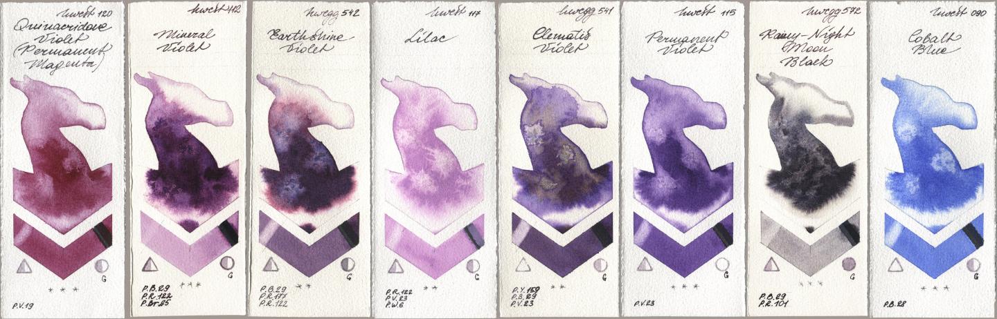 Holbein Artists Watercolor 120 Quinacridone Violet (Permanent Magenta), 112 Mineral Violet, 542 Earthshine Violet, 117 Lilac, 541 Clematis Violet, 115 Permanent Violet, 572 Rainy-Night Moon Back, 090 Cobalt Bl watercolor swatch